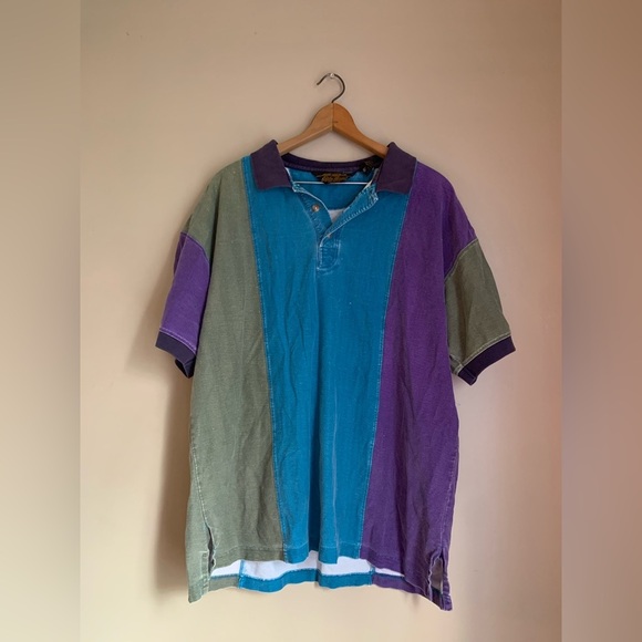 VTG 90s Eddie Bauer striped short Sleeve Polo Shirt Large colorblock - Picture 1 of 8